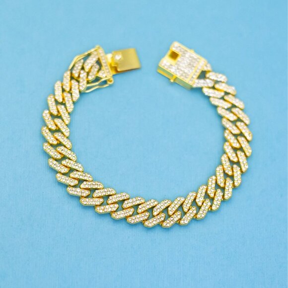 8 inch, Vintage Rhinestone Geometric Curbs Unique Gold Tone Bracelet - N32 - Picture 1 of 3